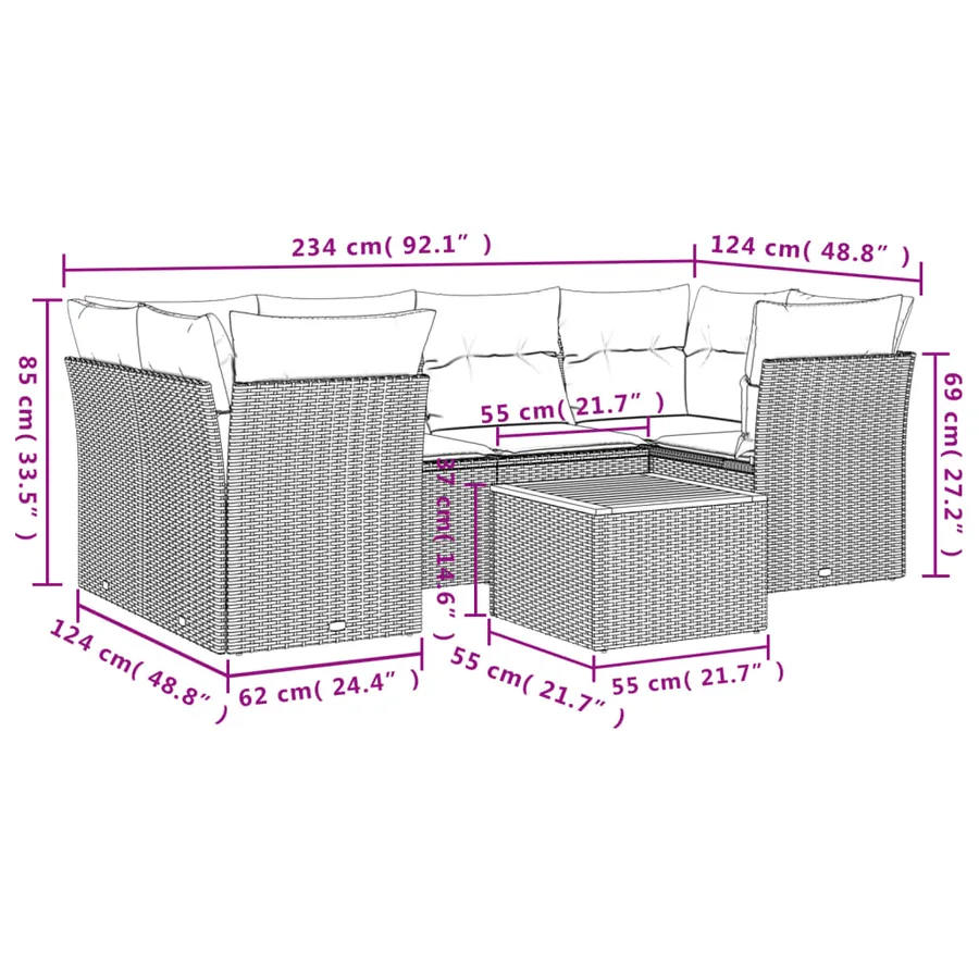 Salon de jardin 7 pcs avec coussins noir résine tressée 62 x 62 x 69 cm - 59,4 kg - 3
