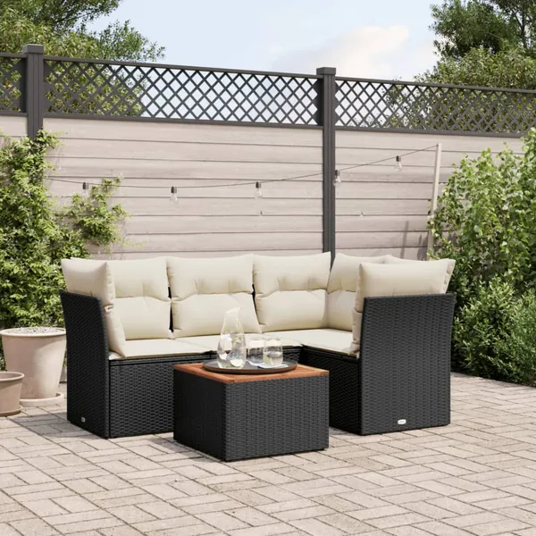 Salon de jardin 5 pcs avec coussins noir résine tressée