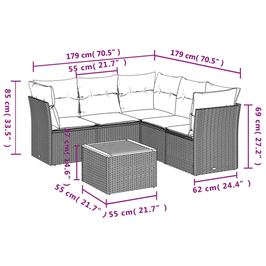 Salon de jardin 6 pcs avec coussins noir résine tressée - 3