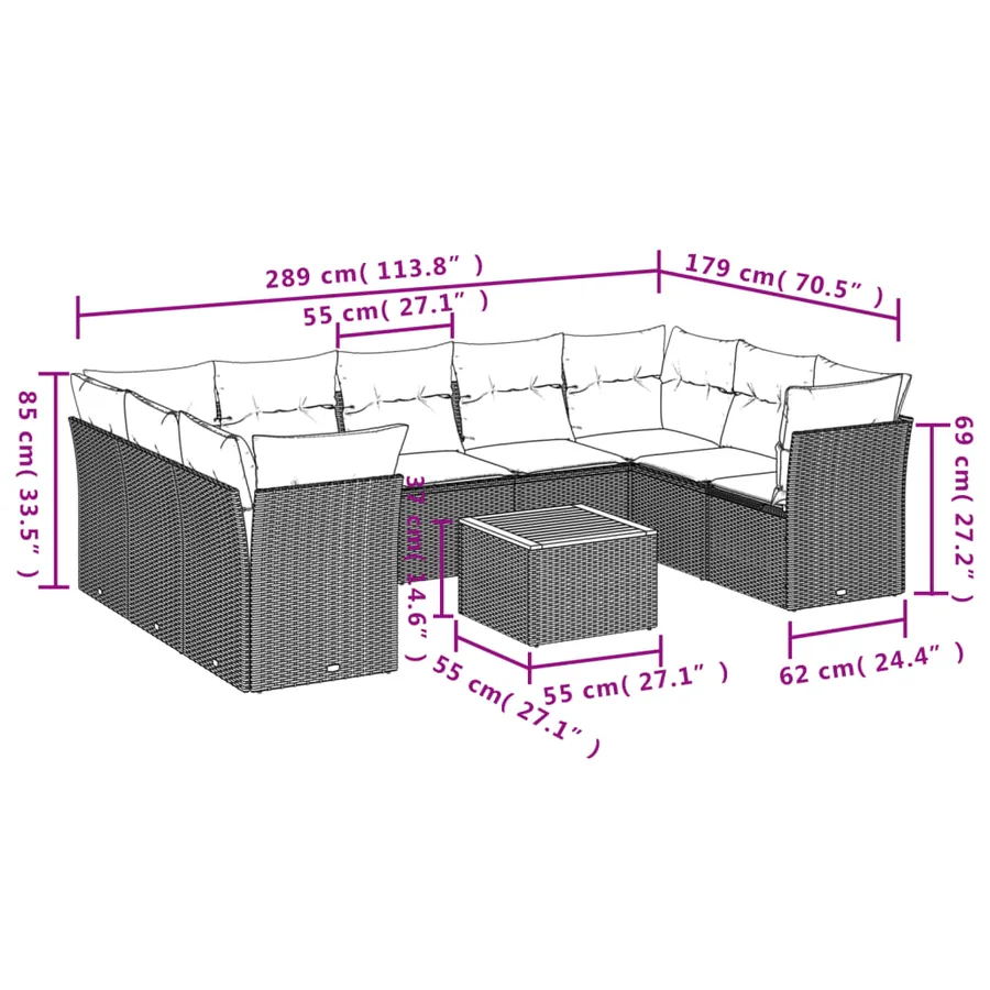 Salon de jardin 10 pcs avec coussins noir résine tressée - 3