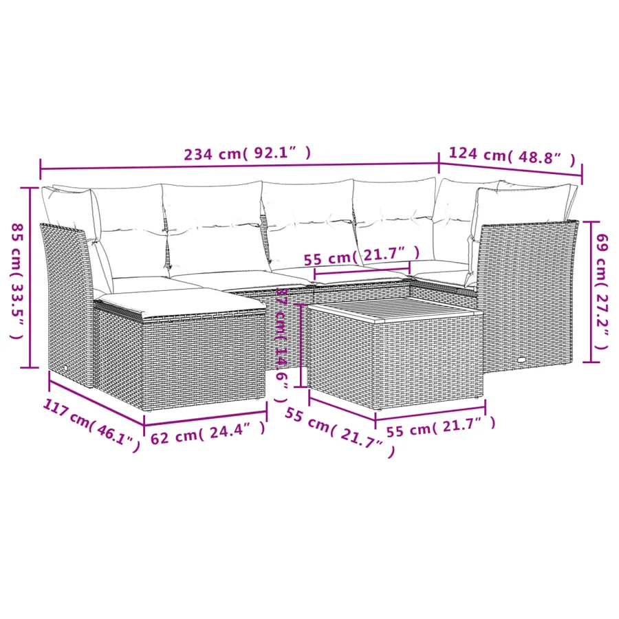 Salon de jardin 7 pcs avec coussins noir résine tressée 62 x 62 x 69 cm - 57,1 kg - 3