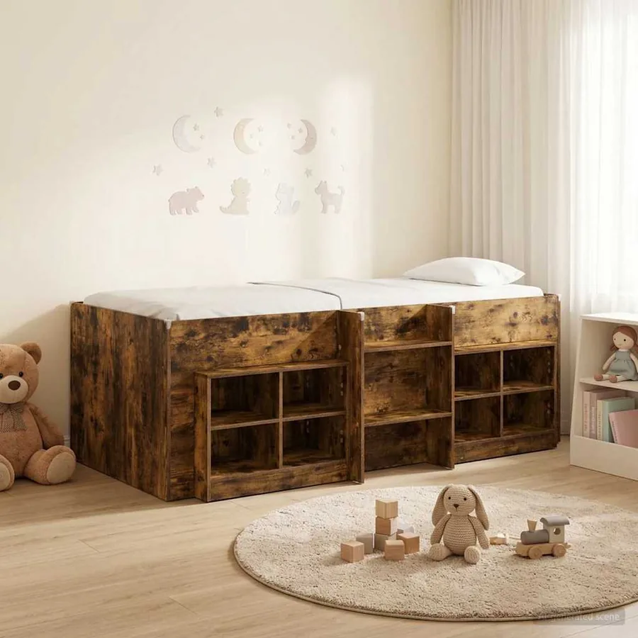 Cadre de lit en loft avec armoire avec étagère 3 pc Chêne fumé