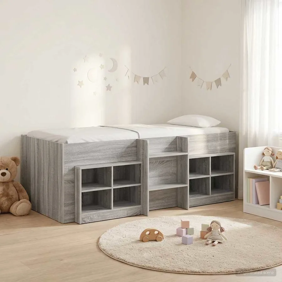 Cadre de lit en loft avec armoire avec étagère 3 pc Sonoma gris