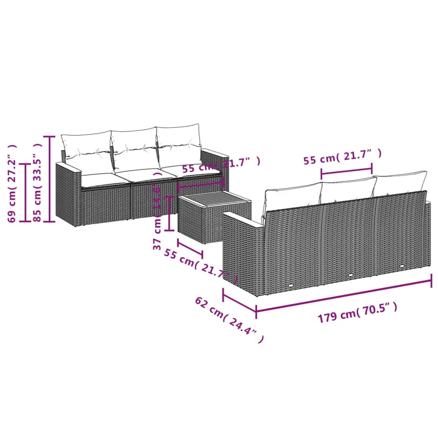 Salon de jardin 7 pcs avec coussins noir résine tressée 55 x 62 x 69 cm - 57,8 kg - 7