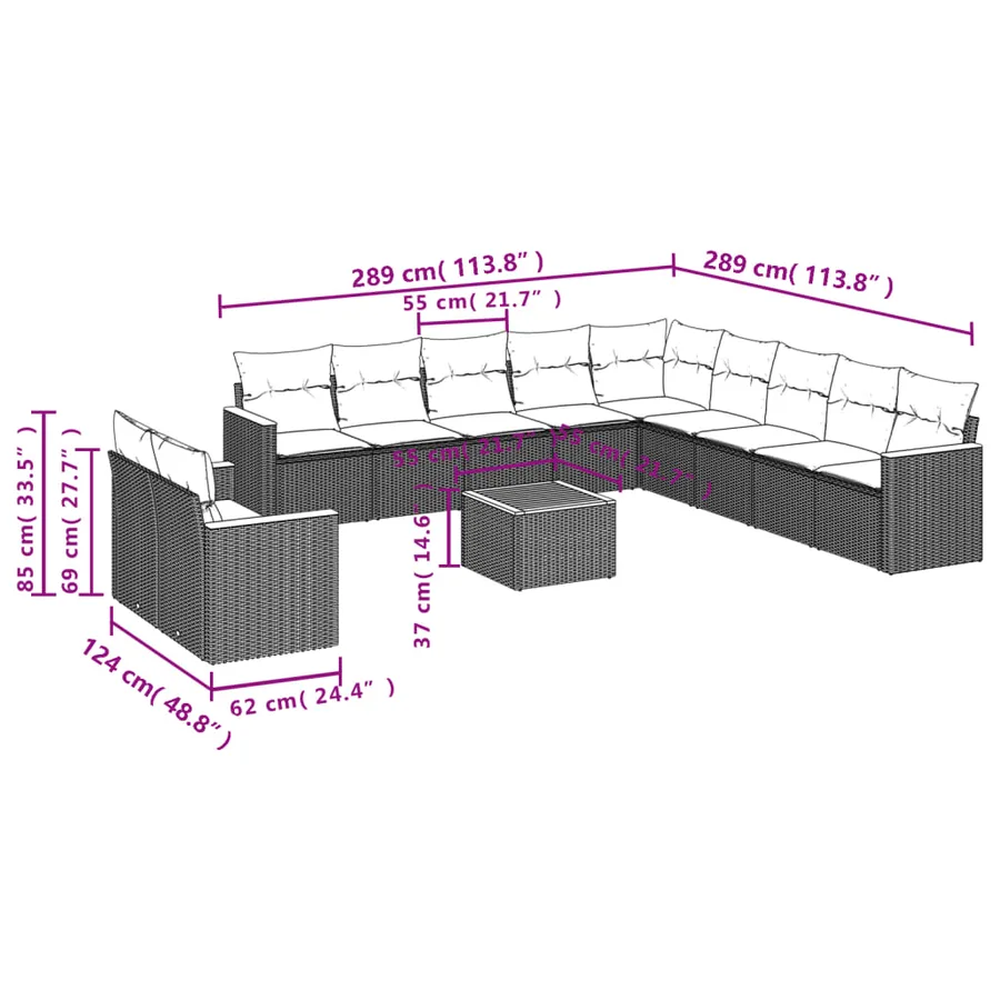 Salon de jardin 12 pcs avec coussins noir résine tressée - 8