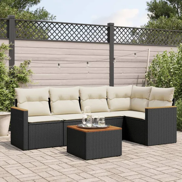 Salon de jardin 6 pcs avec coussins noir résine tressée