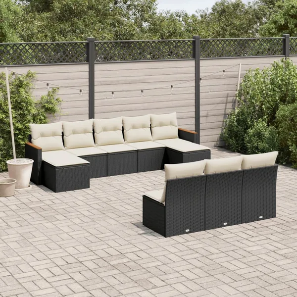 Salon de jardin 10 pcs avec coussins noir résine tressée