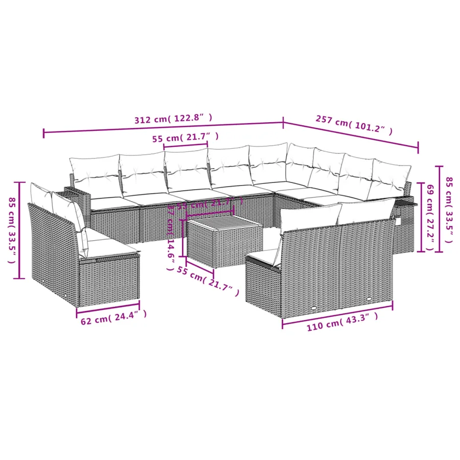 Salon de jardin avec coussins 13 pcs noir résine tressée - 9