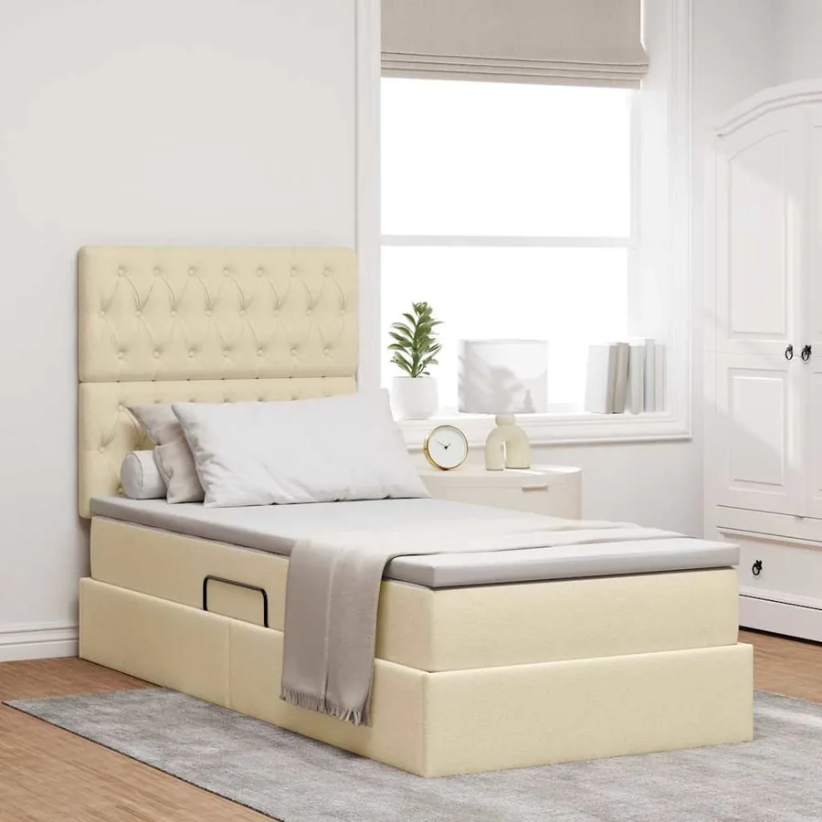 Lit avec rangement et matelas Crème 90 x 200 cm tissu