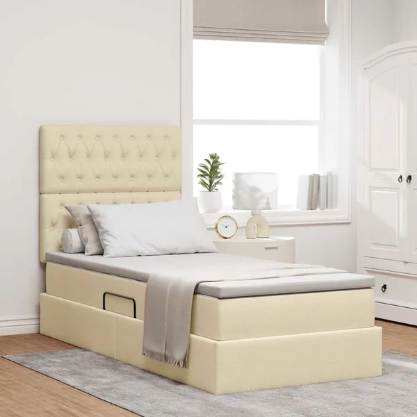 Lit avec rangement et matelas Crème 90 x 200 cm tissu