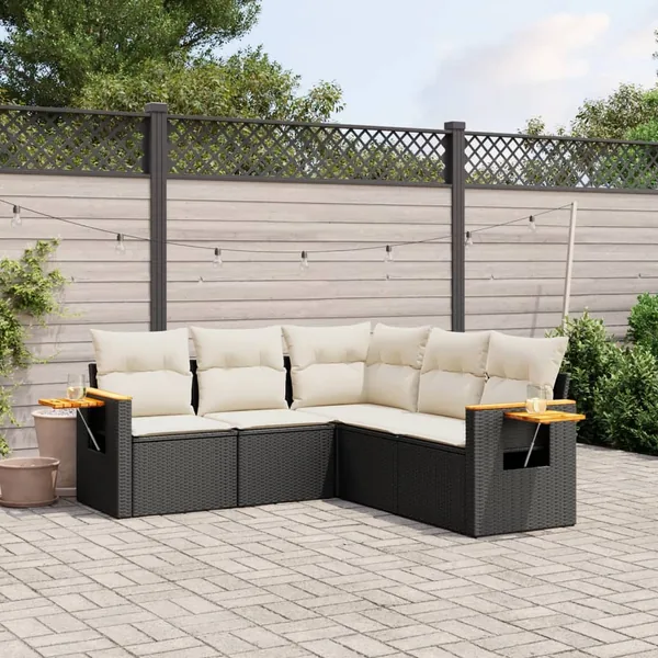 Salon de jardin 5 pcs avec coussins noir résine tressée