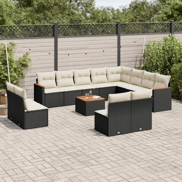 Salon de jardin avec coussins 13 pcs noir résine tressée