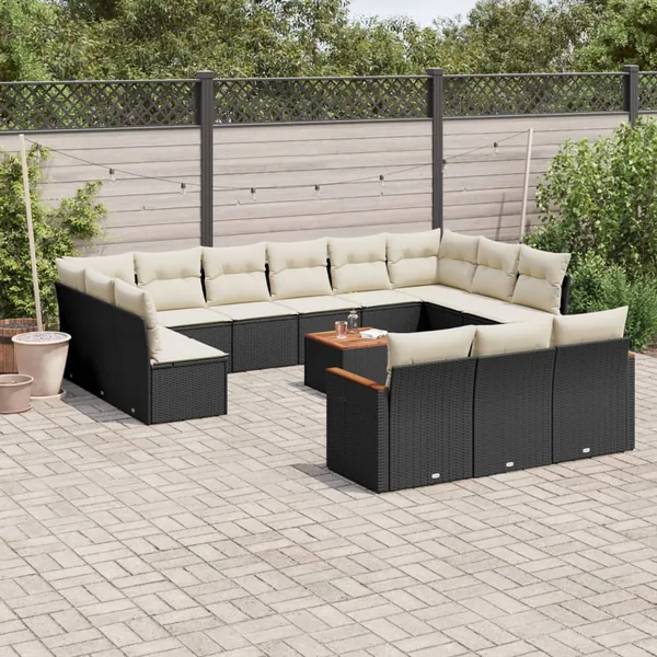 Salon de jardin avec coussins 14 pcs noir résine tressée