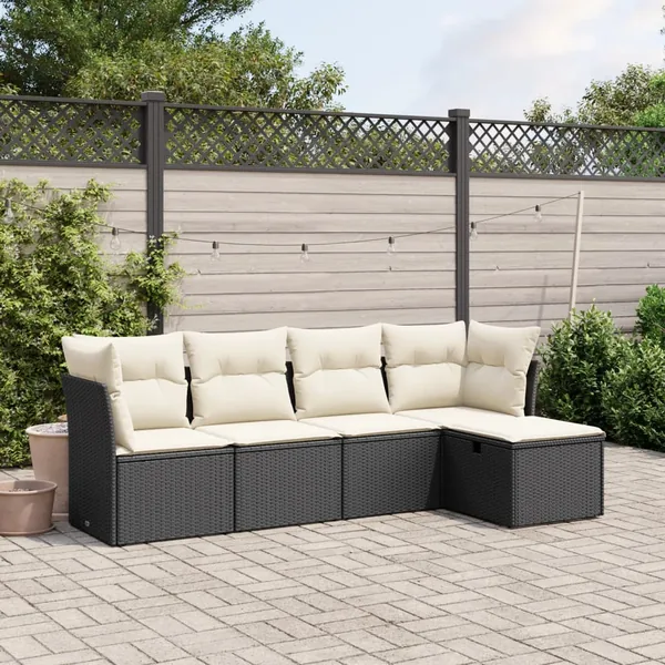 Salon de jardin 5 pcs avec coussins noir résine tressée