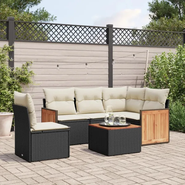 Salon de jardin 6 pcs avec coussins noir résine tressée