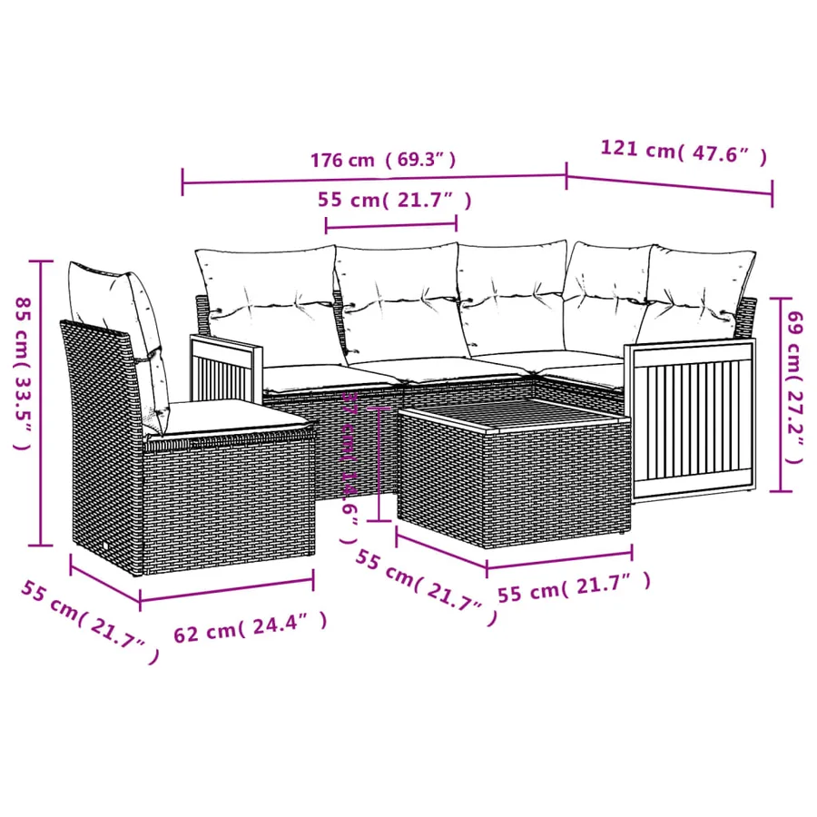 Salon de jardin 6 pcs avec coussins noir résine tressée - 7