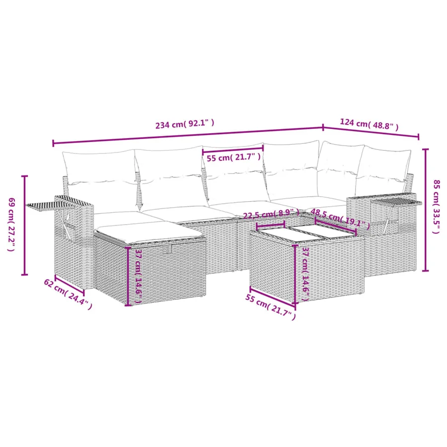 Salon de jardin 7 pcs avec coussins noir résine tressée 62 x 62 x 69 cm - 57,6 kg - 4