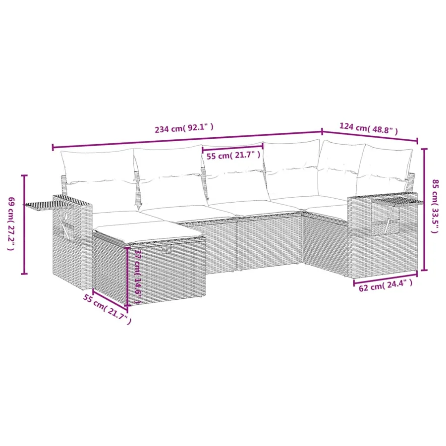 Salon de jardin 6 pcs avec coussins noir résine tressée - 4