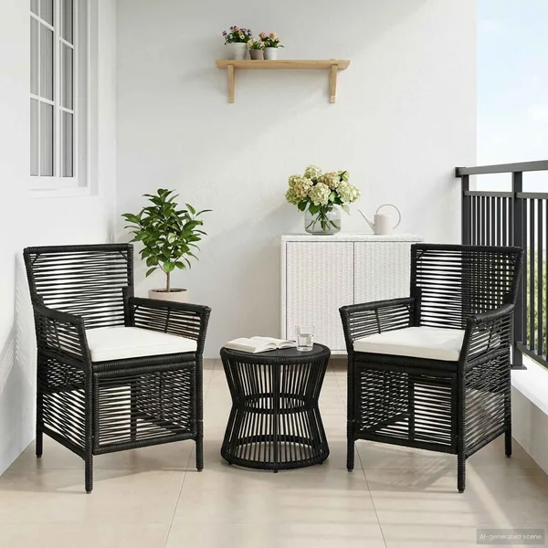 Chaise d'Extérieur avec coussin 2 pcs Noir et Crème polyrotin