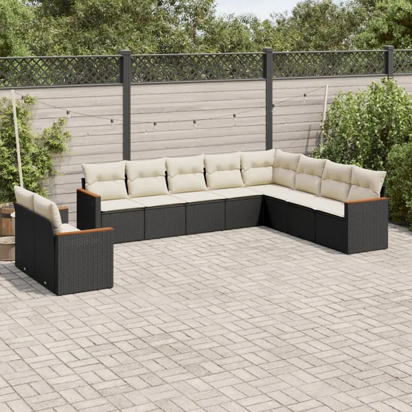 Salon de jardin 10 pcs avec coussins noir résine tressée
