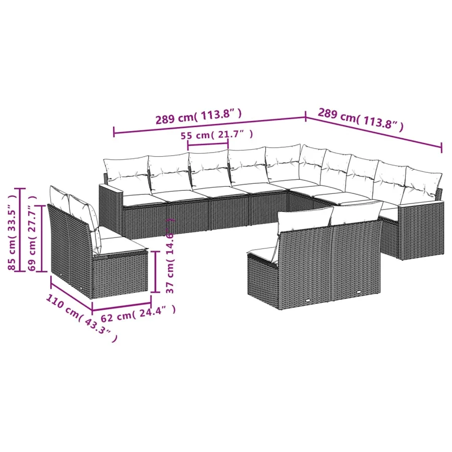 Salon de jardin avec coussins 13 pcs noir résine tressée - 7