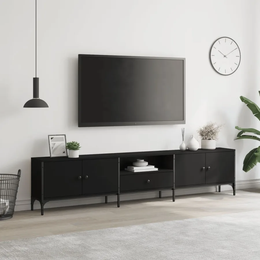 Meuble TV avec tiroir noir 200x25x44 cm bois d'ingénierie - 3