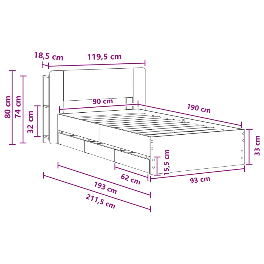 Cadre de lit avec rangement Sonoma gris 90 x 190 cm - 10