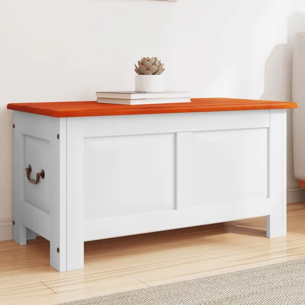 Coffre de rangement et couvercle marron et blanc bois d'acacia