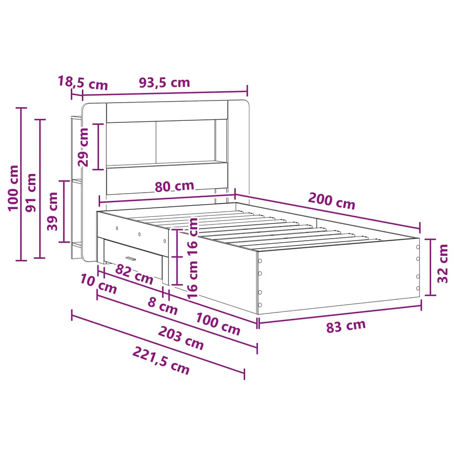 Cadre de lit avec rangement Chêne artisanal 80 x 200 cm - 11