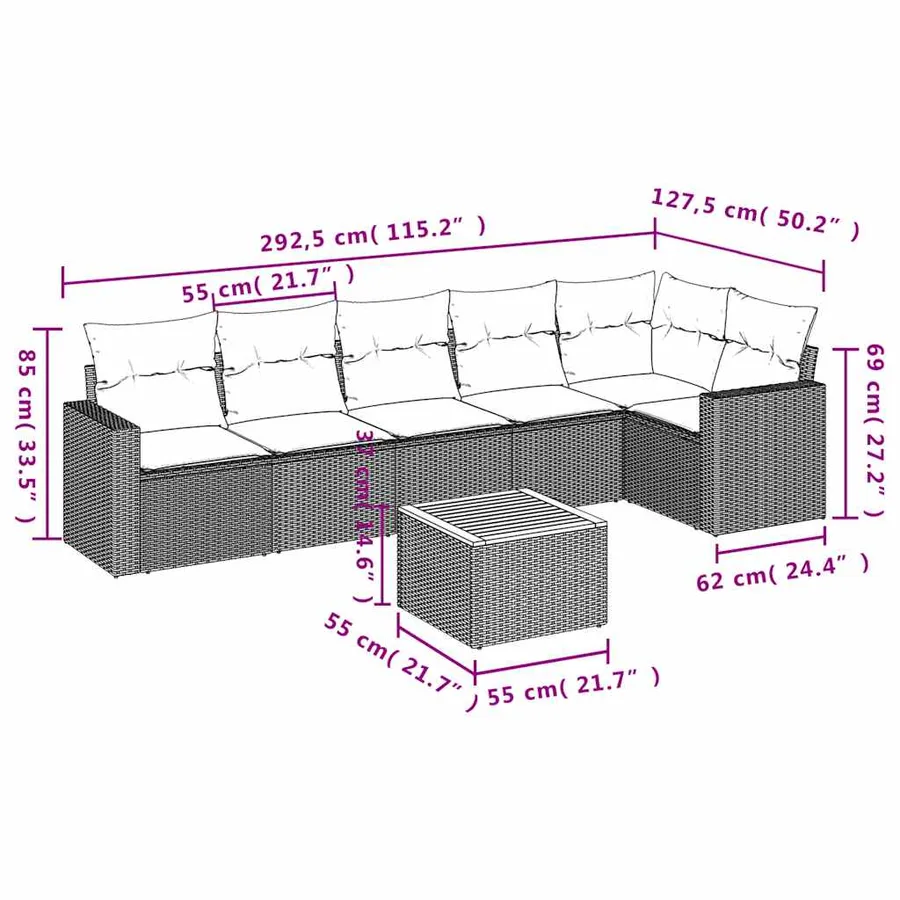 Salon de jardin 7 pcs avec coussins noir résine tressée 62 x 62 x 69 cm - 57,8 kg - 12