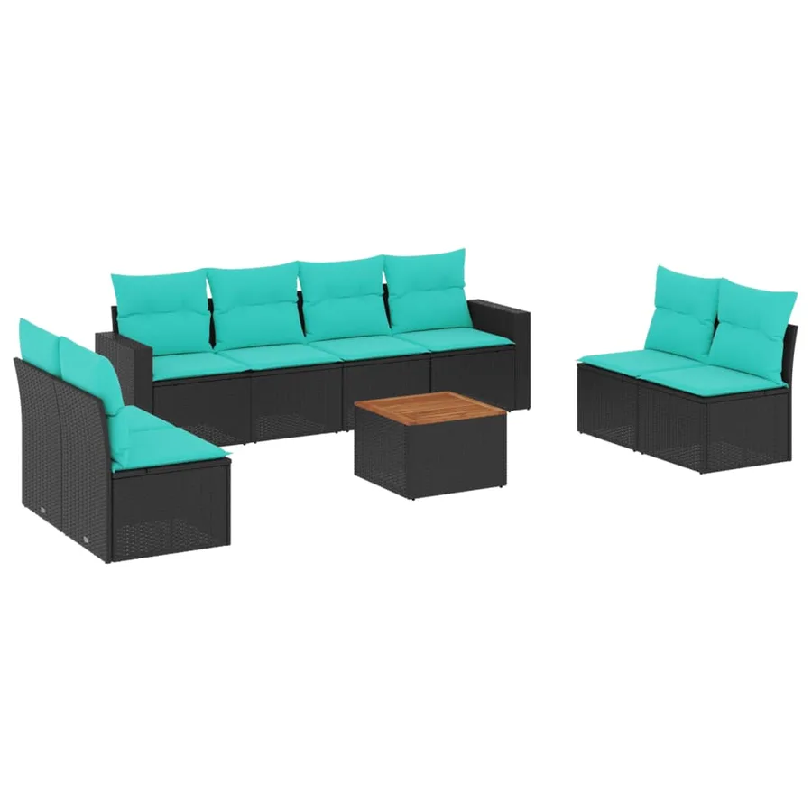 Salon de jardin 9 pcs avec coussins noir résine tressée - 2