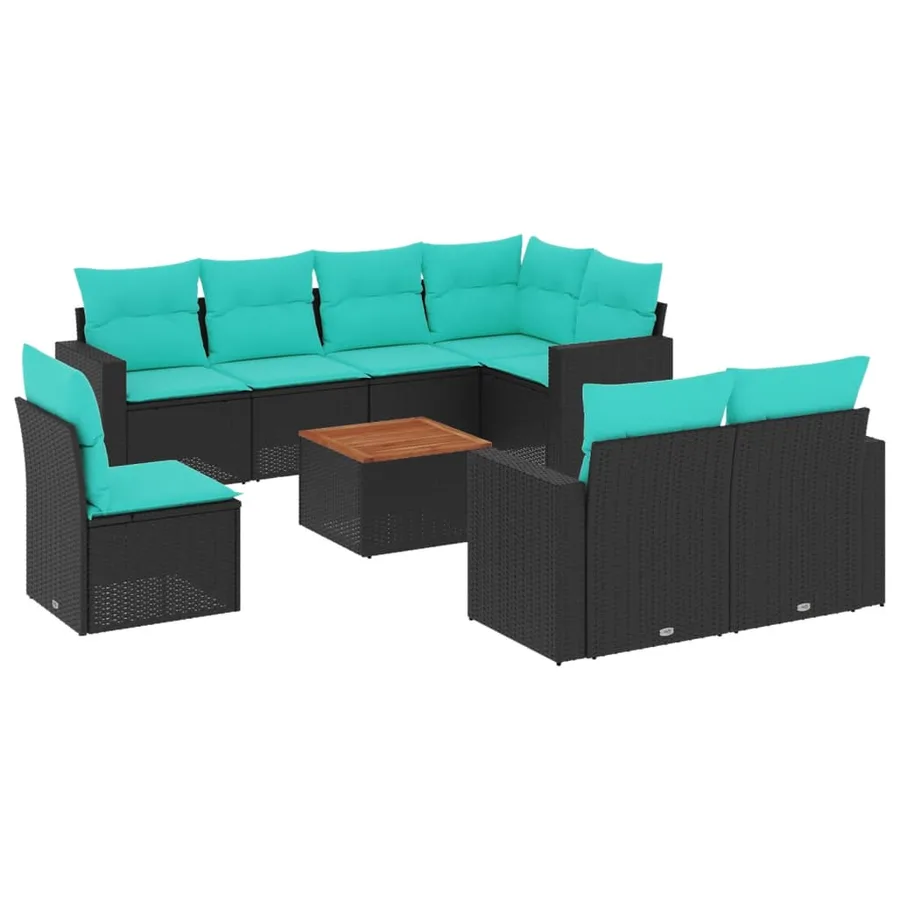 Salon de jardin 9 pcs avec coussins noir résine tressée - 2