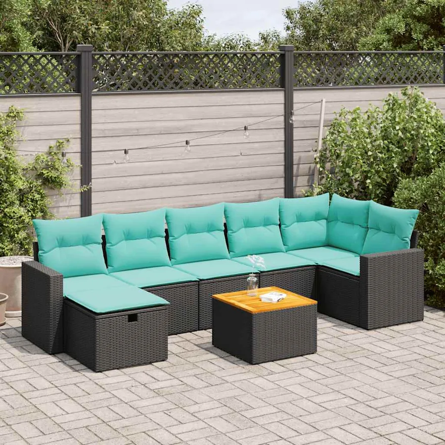 Salon de jardin 8 pcs avec coussins noir résine tressée
