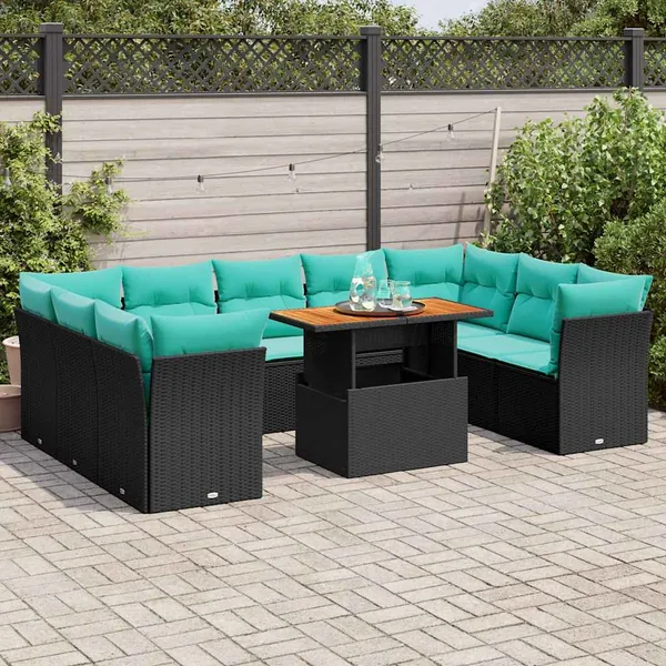 Salon de jardin 10 pcs avec coussins noir résine tressée