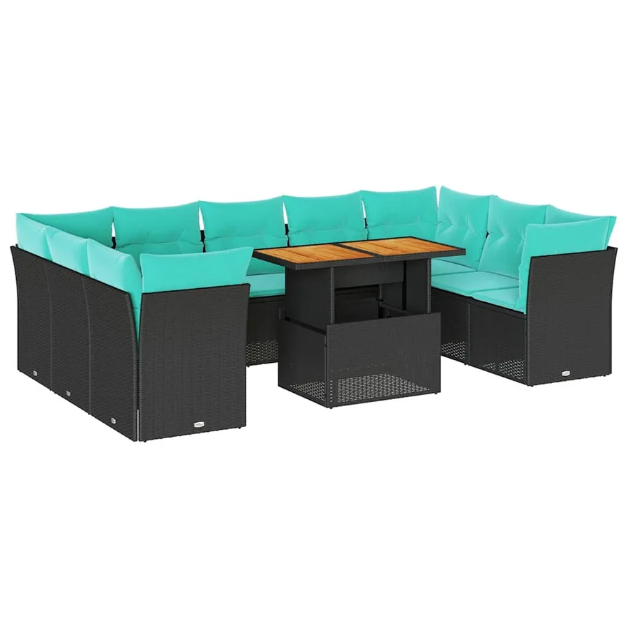 Salon de jardin 10 pcs avec coussins noir résine tressée - 2