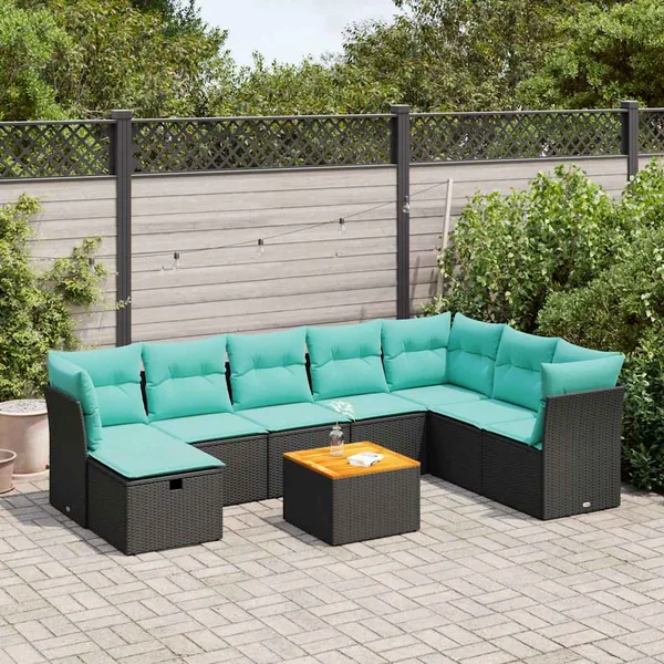 Salon de jardin 9 pcs avec coussins noir résine tressée
