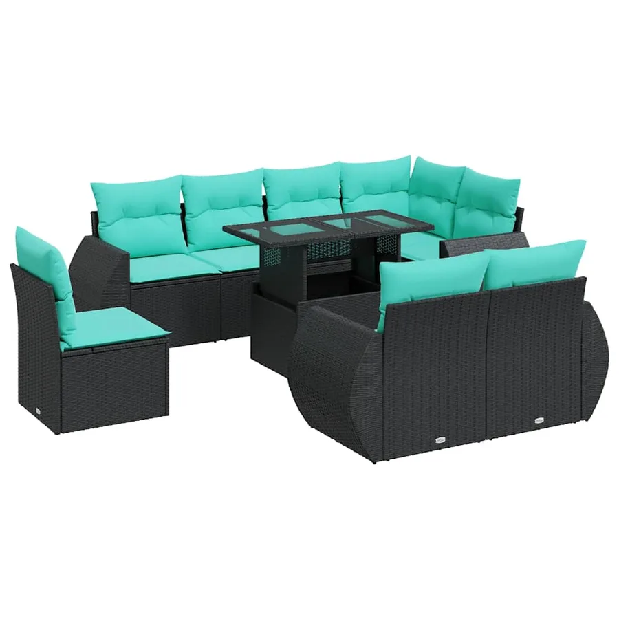 Salon de jardin avec coussins 9 pcs noir résine tressée acacia - 2