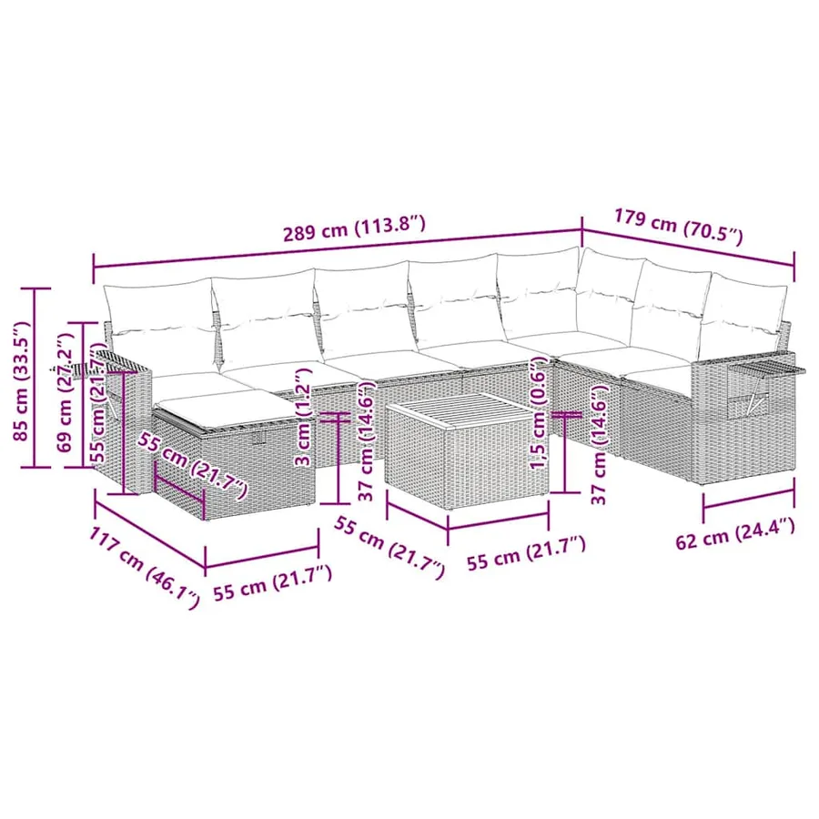 Salon de jardin 9 pcs avec coussins noir résine tressée - 16