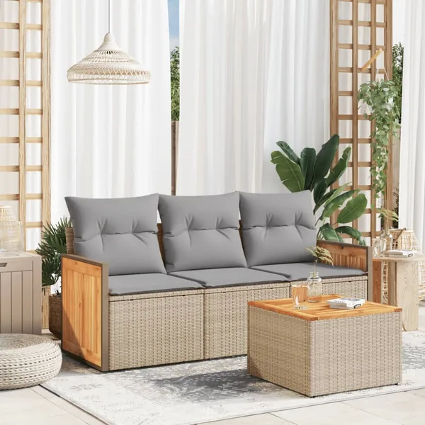 Salon de jardin avec coussins 4 pcs beige résine tressée