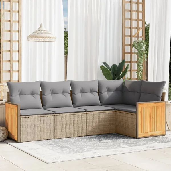 Salon de jardin avec coussins 5 pcs beige résine tressée