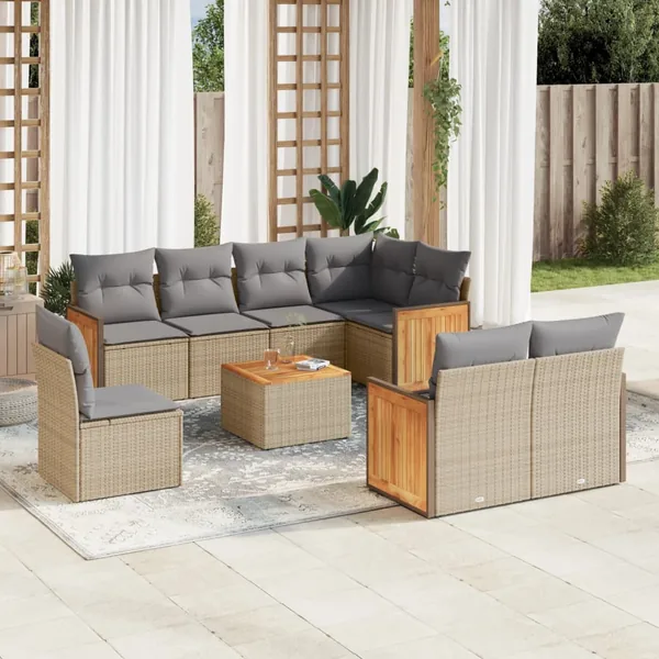 Salon de jardin avec coussins 9 pcs beige résine tressée