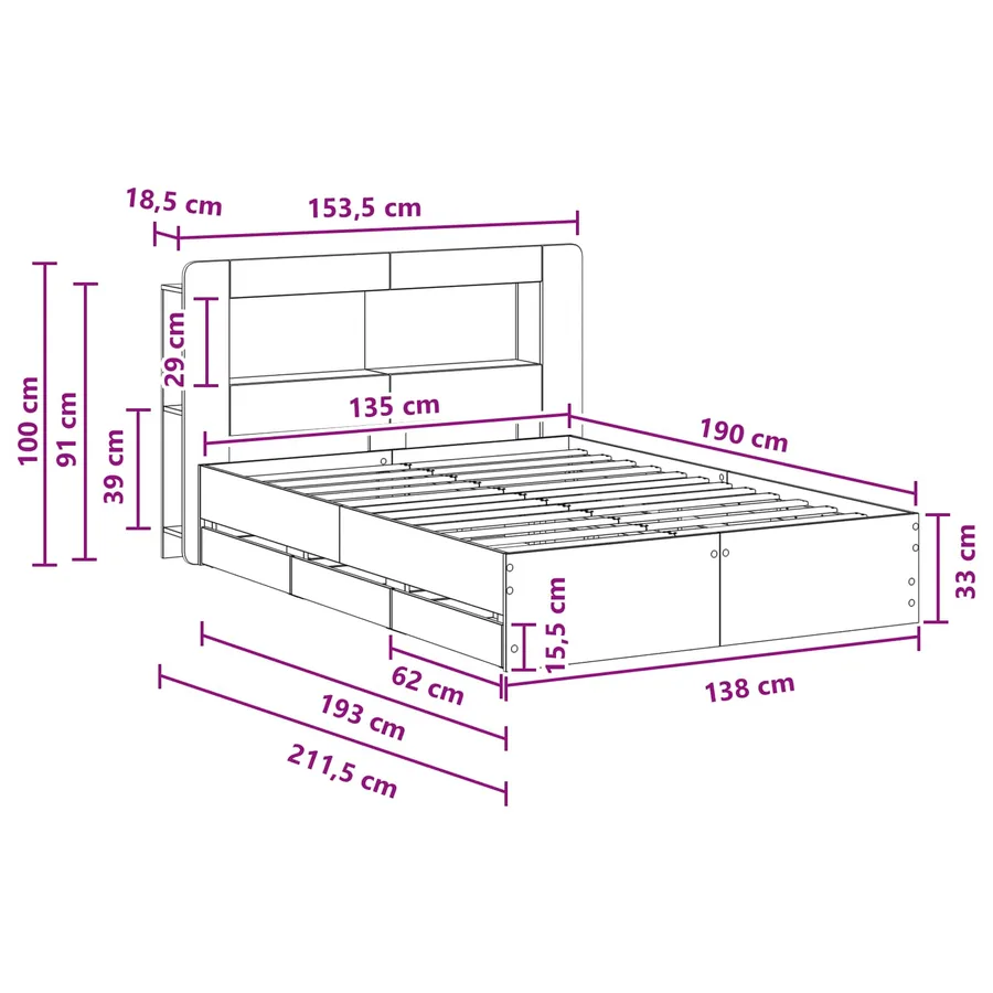 Cadre de lit avec rangement Sonoma gris 135 x 190 cm - 10