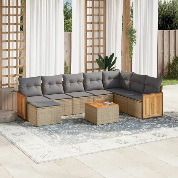 Salon de jardin avec coussins 9 pcs beige résine tressée