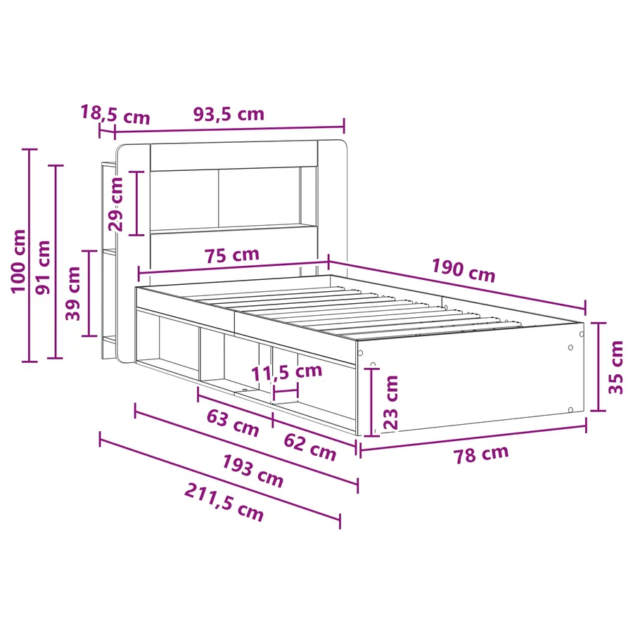 Cadre de lit avec rangement Sonoma gris 75 x 190 cm - 9