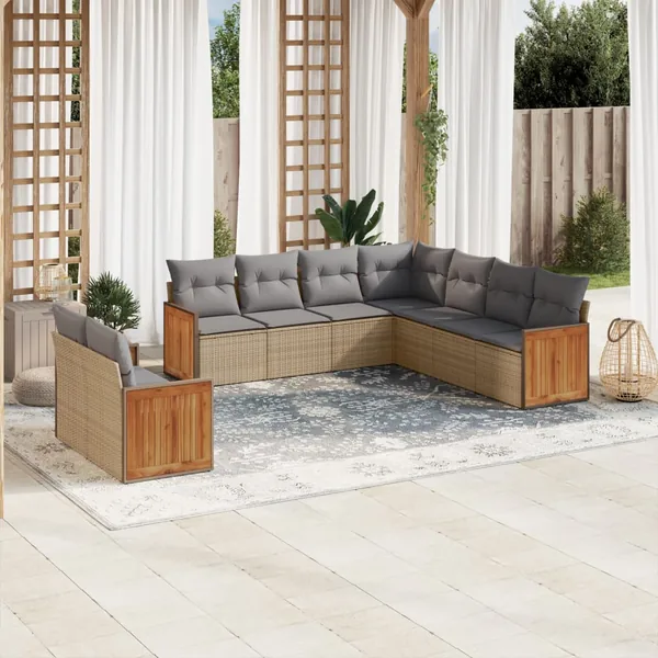 Salon de jardin avec coussins 9 pcs beige résine tressée