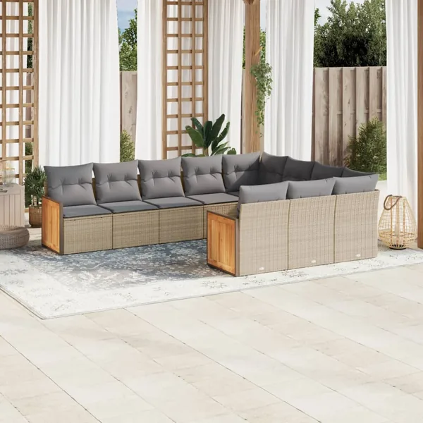 Salon de jardin avec coussins 10 pcs beige résine tressée