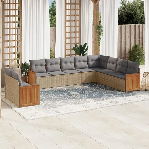 Salon de jardin avec coussins 10 pcs beige résine tressée