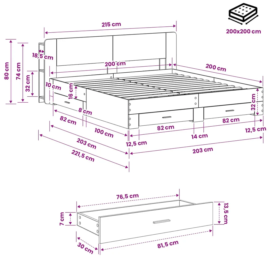 Cadre de lit avec rangement Sonoma gris 200 x 200 cm - 8