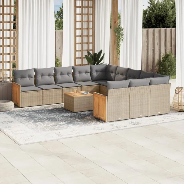 Salon de jardin avec coussins 12 pcs beige résine tressée