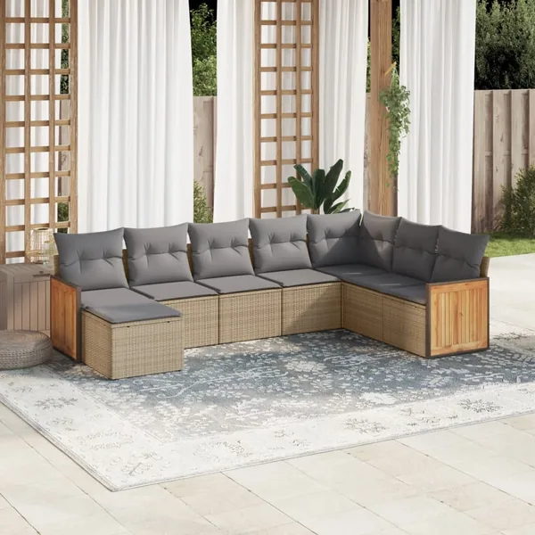 Salon de jardin avec coussins 8 pcs beige résine tressée